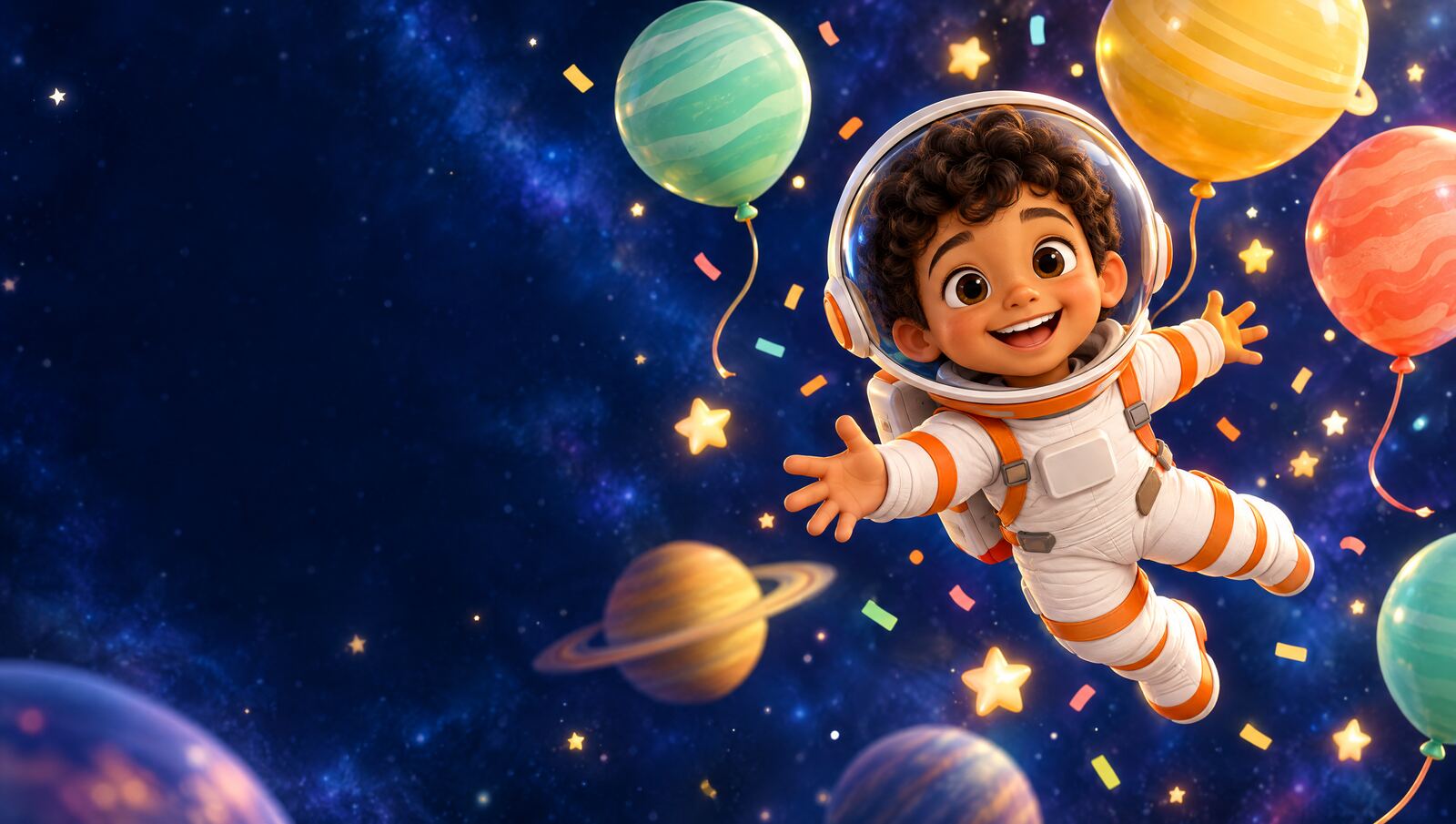 O Theo vestido de astronauta flutuando entre planetas, imagem criada com IA